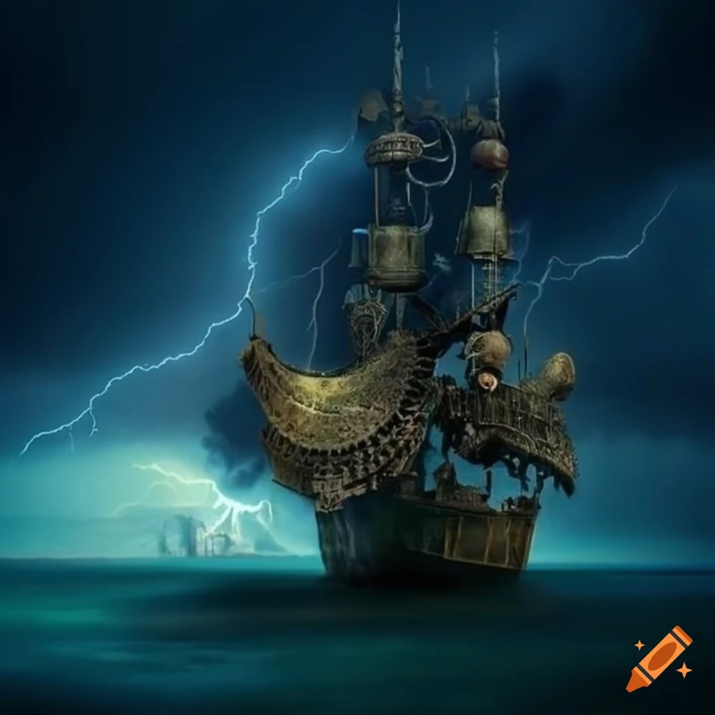 Surreal steampunk artwork with giant boat and strange creatures on Craiyon