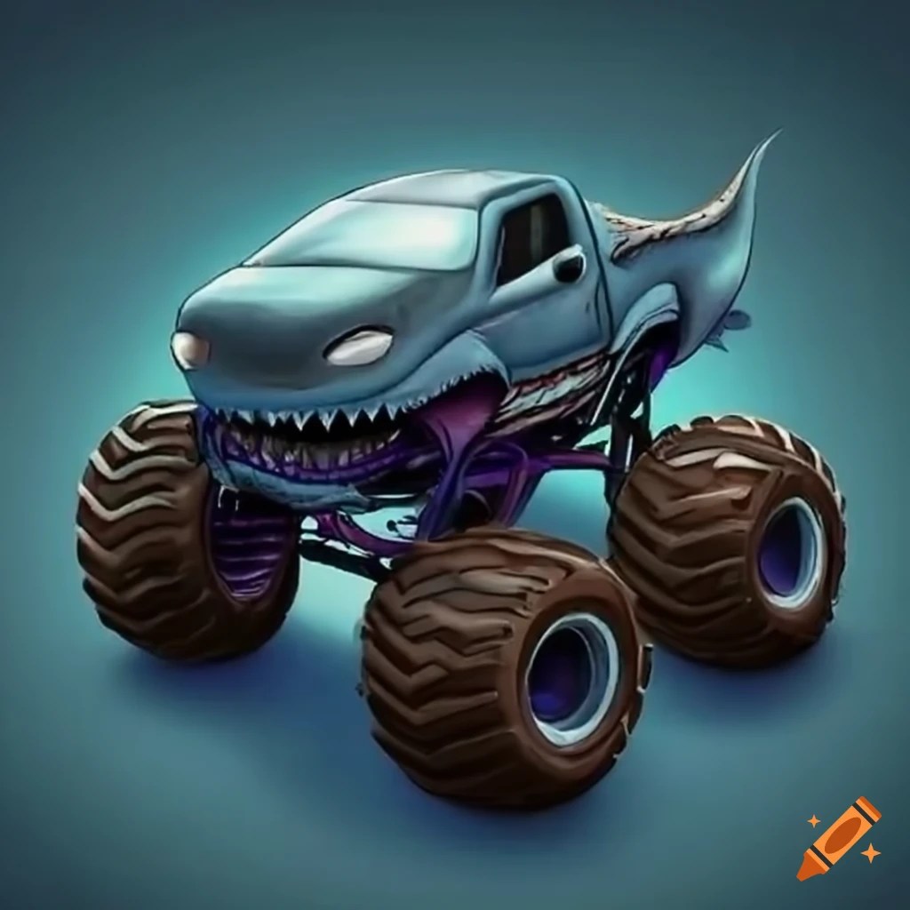 Coloring page of a shark monster truck on Craiyon