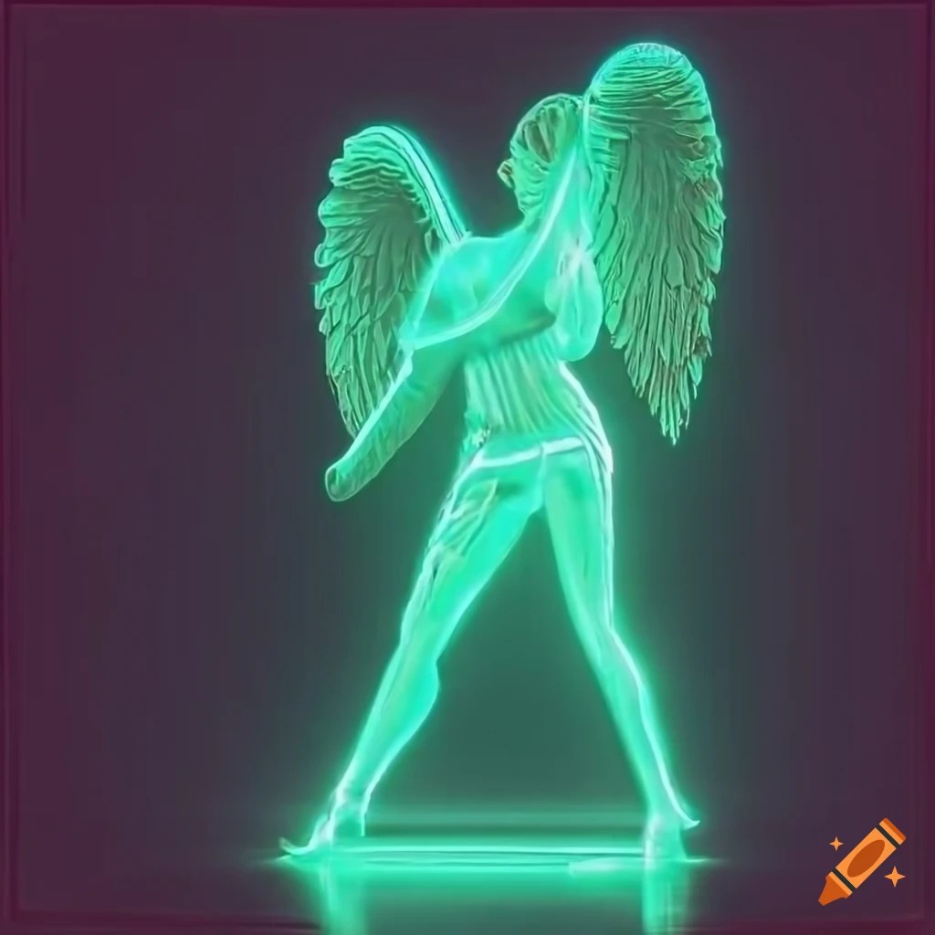 Double exposure of glowing cyber angel statue and green code on Craiyon