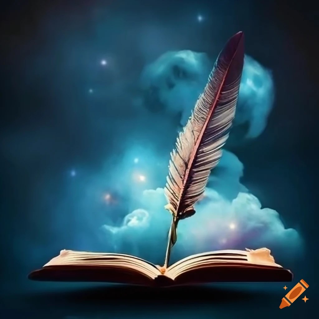 Quill writing in an open book with nebula cloud on Craiyon