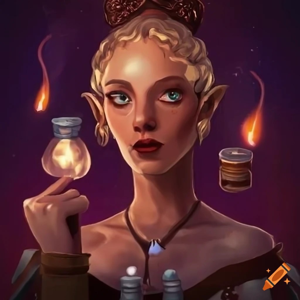 Digital artwork of a mysterious potion seller on Craiyon