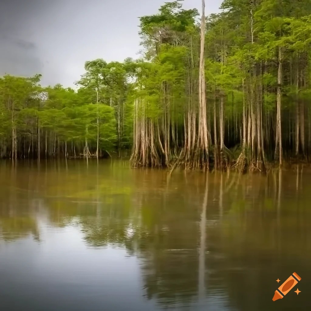 Swamp with tall trees and standing water