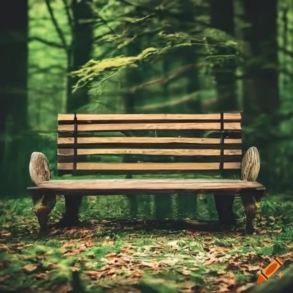 Wooden bench in a peaceful forest on Craiyon