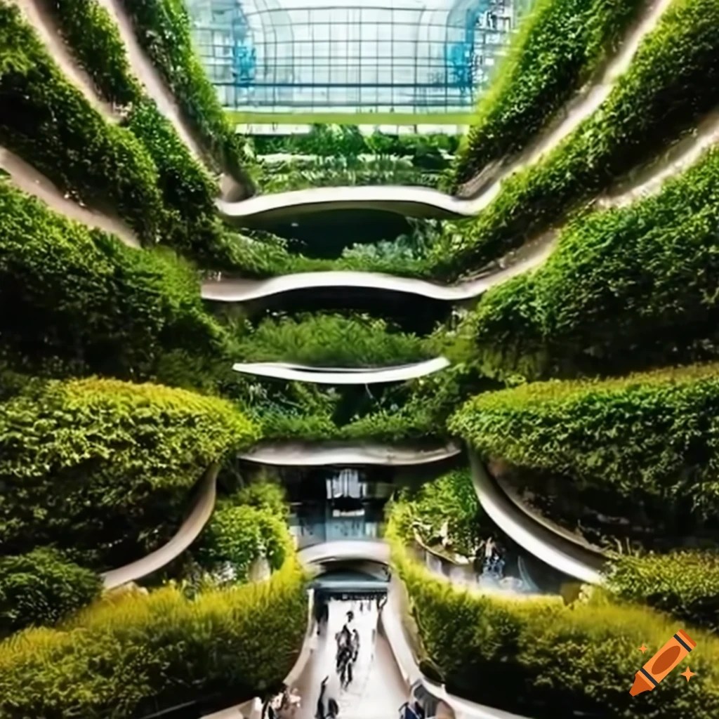 Interior view of a futuristic shopping mall with greenery and ponds on