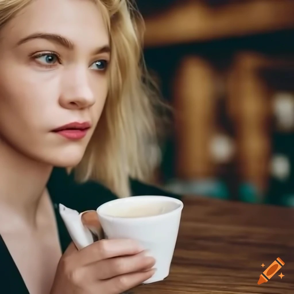 Blond woman enjoying a cup of coffee at starbucks on Craiyon