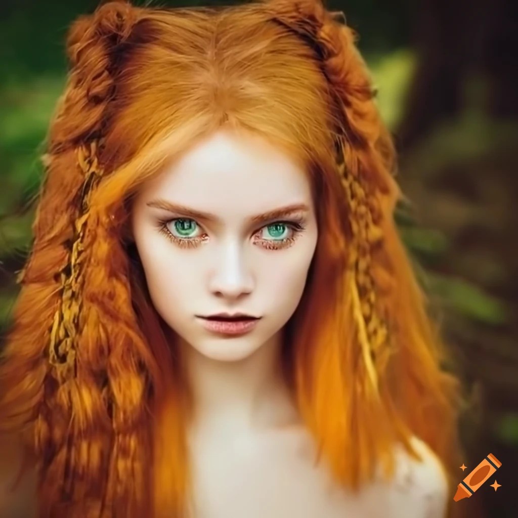 Portrait of a young female wood elf with honey colored hair and emerald
