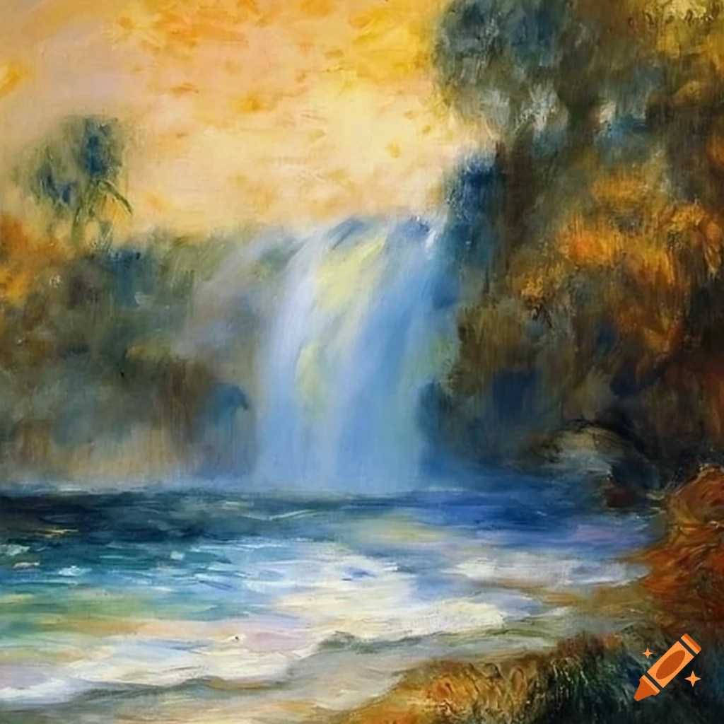 Oil painting of a beach waterfall with foam on Craiyon