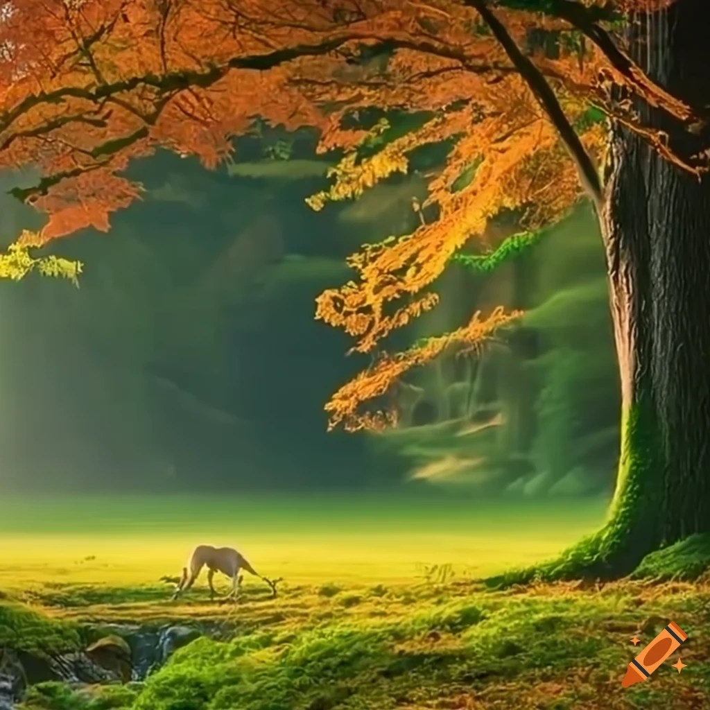 Serene forest with oak trees, deer, and a brook on Craiyon