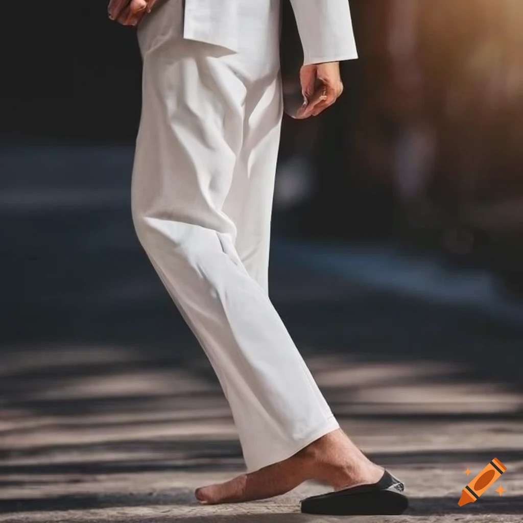 White linen suit pants for men with a relaxed fit and button closure