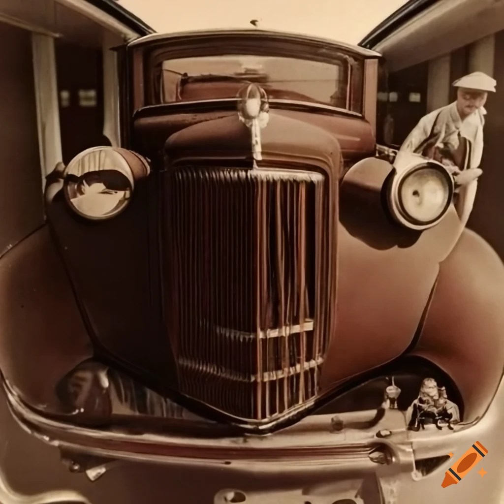 Vintage auto mechanic fixing a brown car on Craiyon