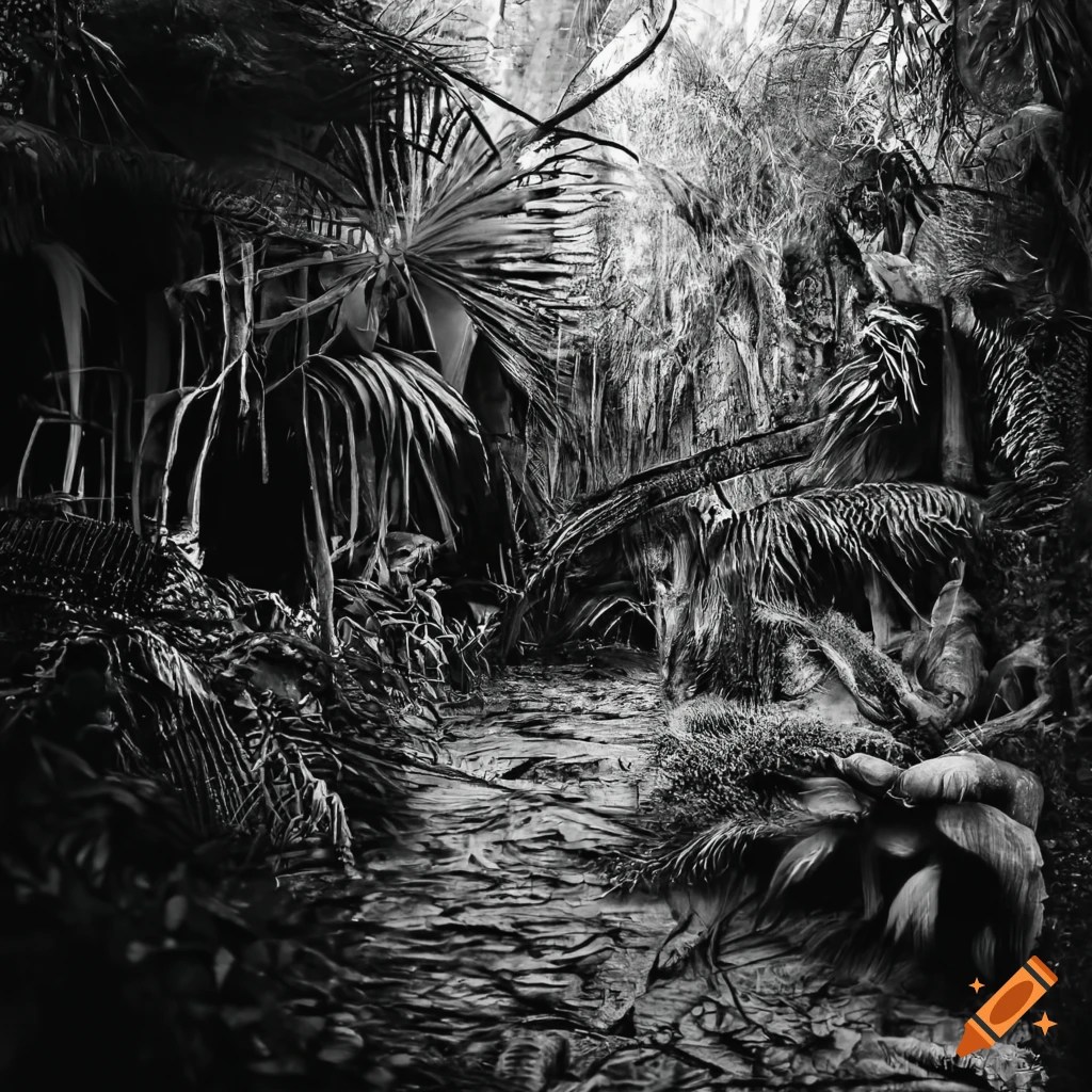 Black and white jungle landscape on Craiyon