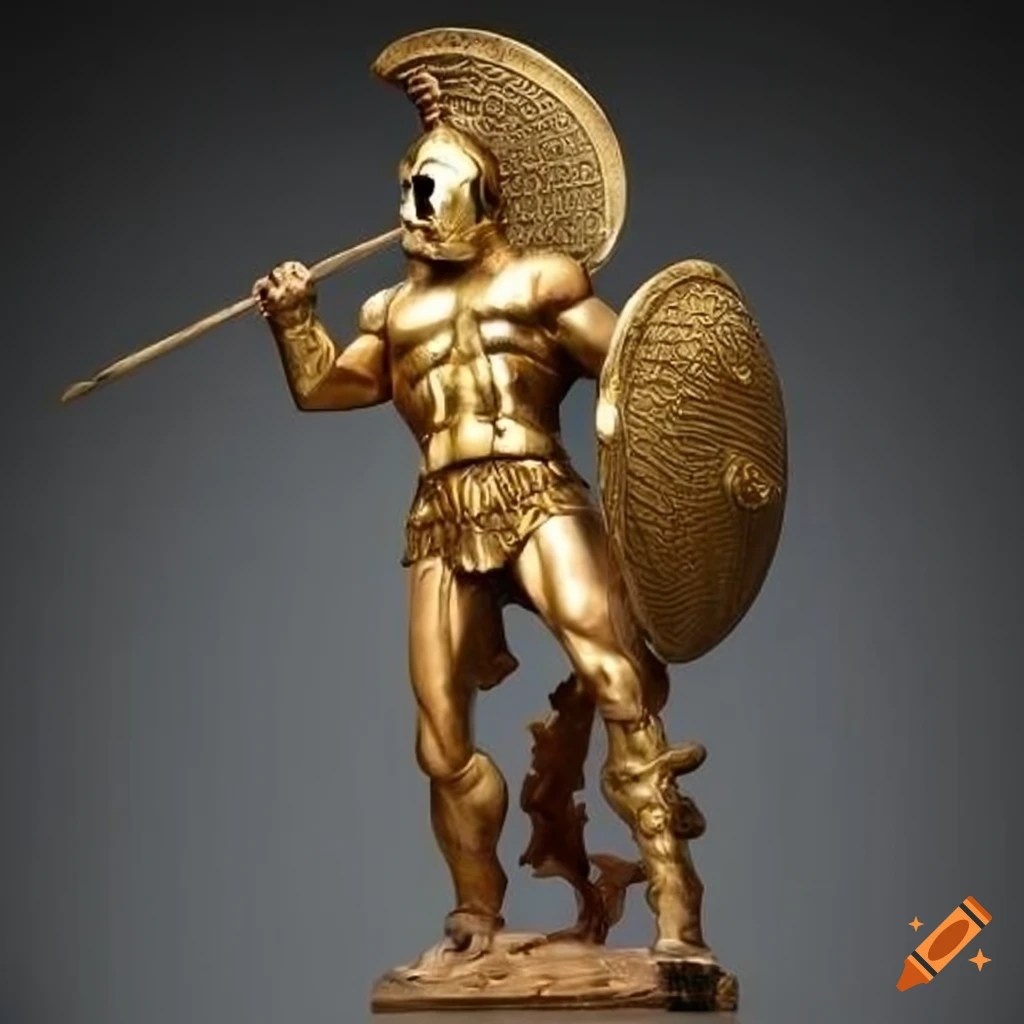 Marble statue of a fierce spartan warrior with a golden axe on Craiyon