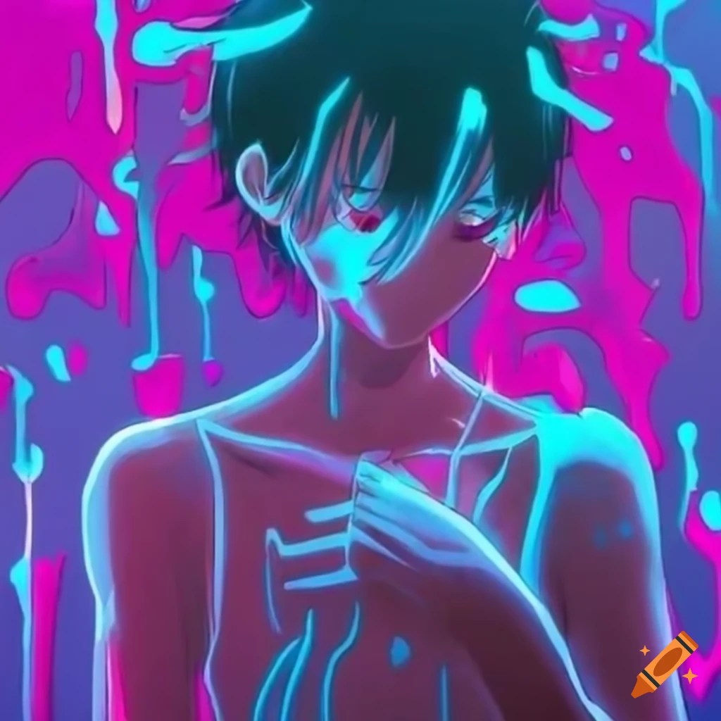 Neon art of a melting anime boy on Craiyon