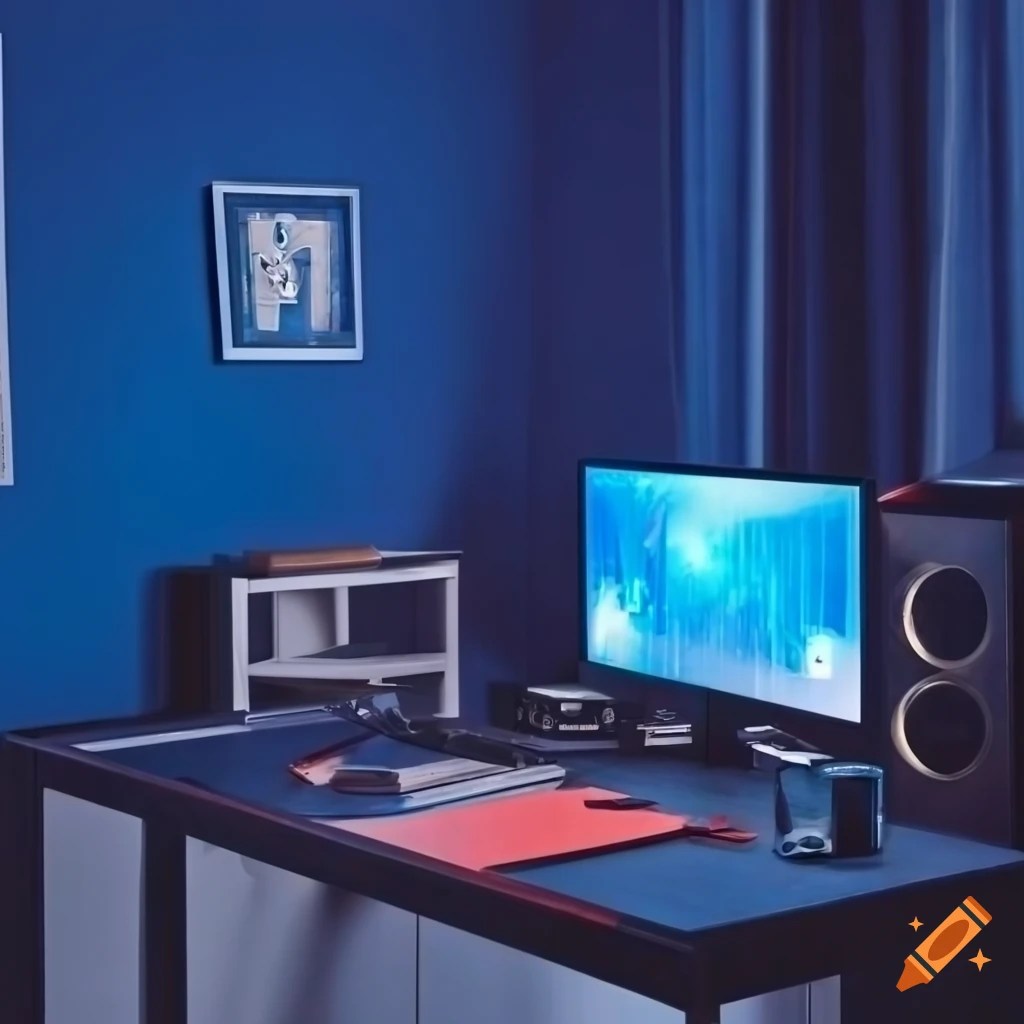 Navy blue gaming setup with computer desk on Craiyon