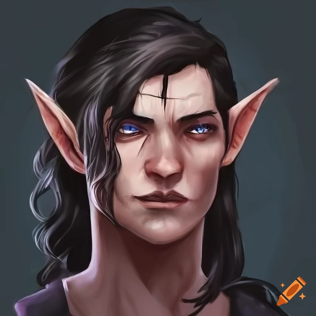 Portrait of a male elf pathfinder character with black hair and a scar