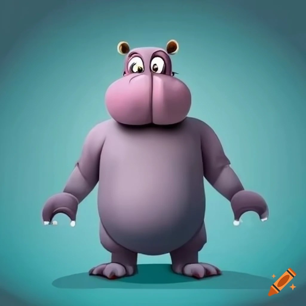Cartoon hippo with a grey shirt on Craiyon