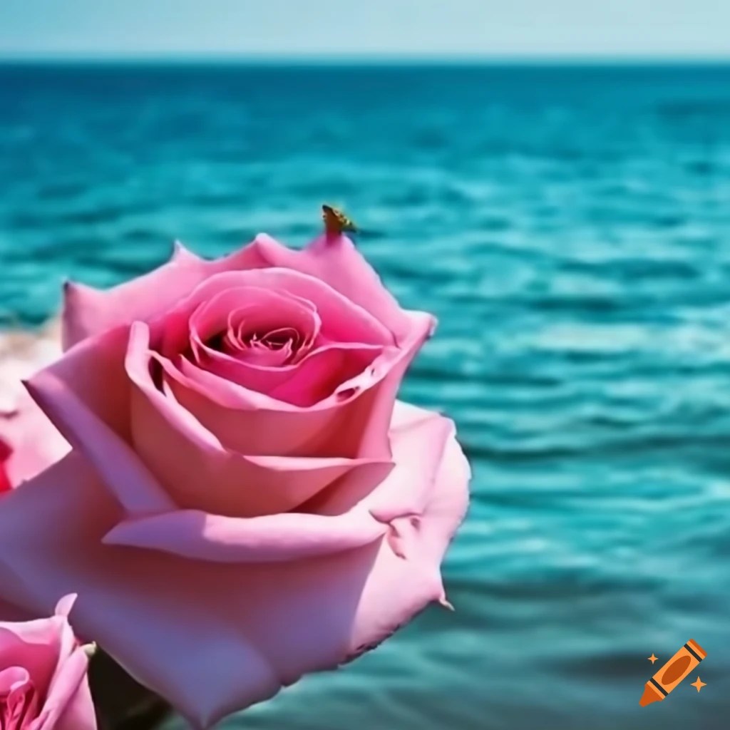 Seaside with pink roses in the water on Craiyon