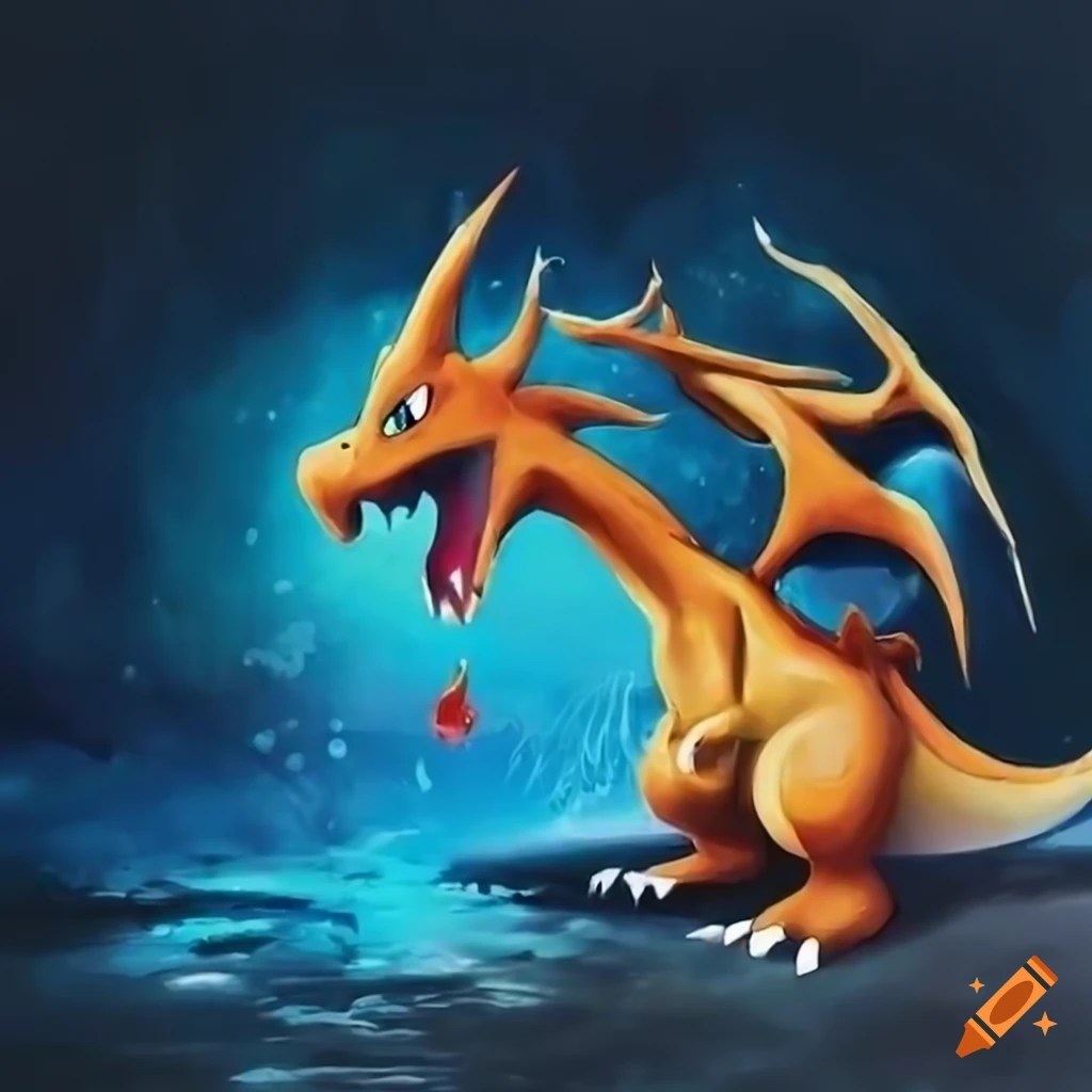 Surrealistic watercolor painting of charizard