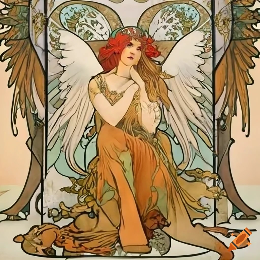 Alphonse mucha's artwork of two angels with golden bird on Craiyon