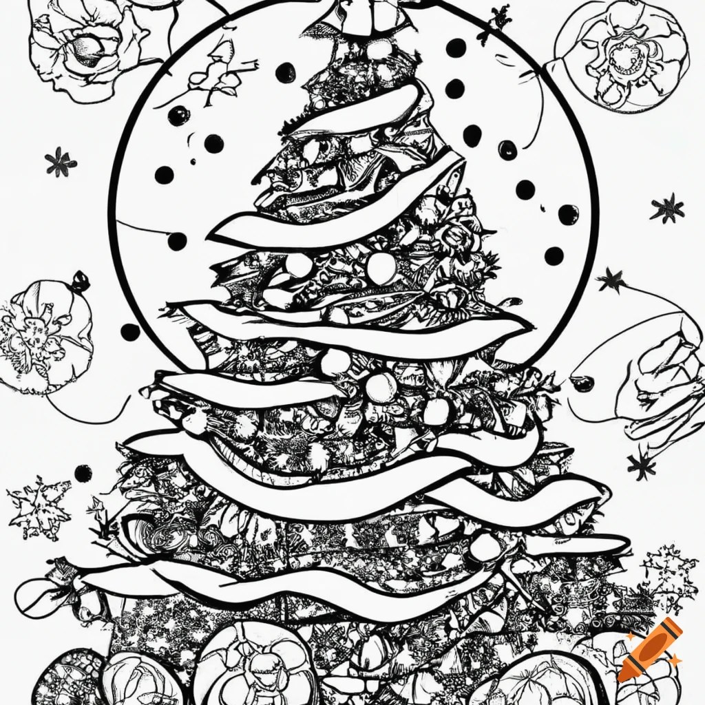 Christmas tree coloring page with ornaments on Craiyon