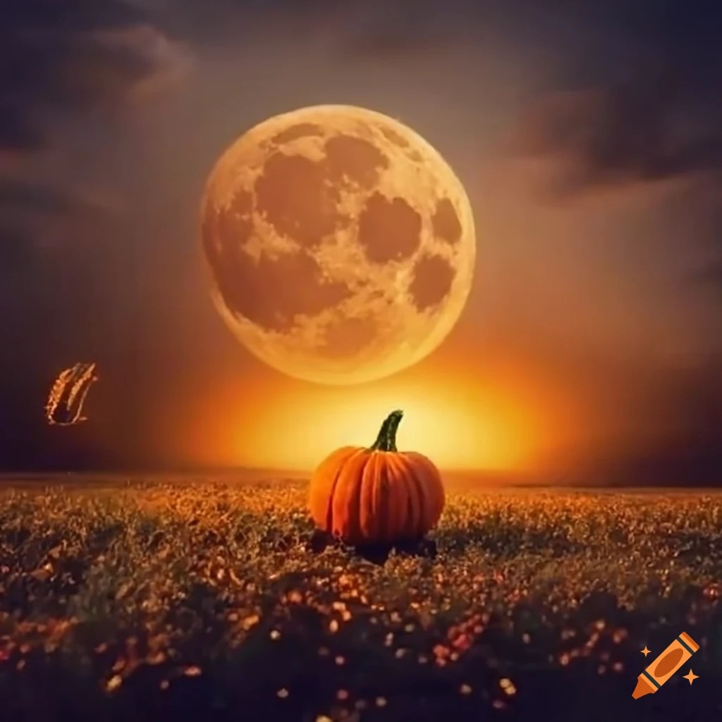 Pumpkins lit by a harvest moon on Craiyon