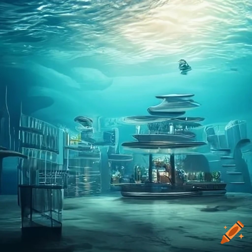 Underwater city with swimming pool buildings on Craiyon