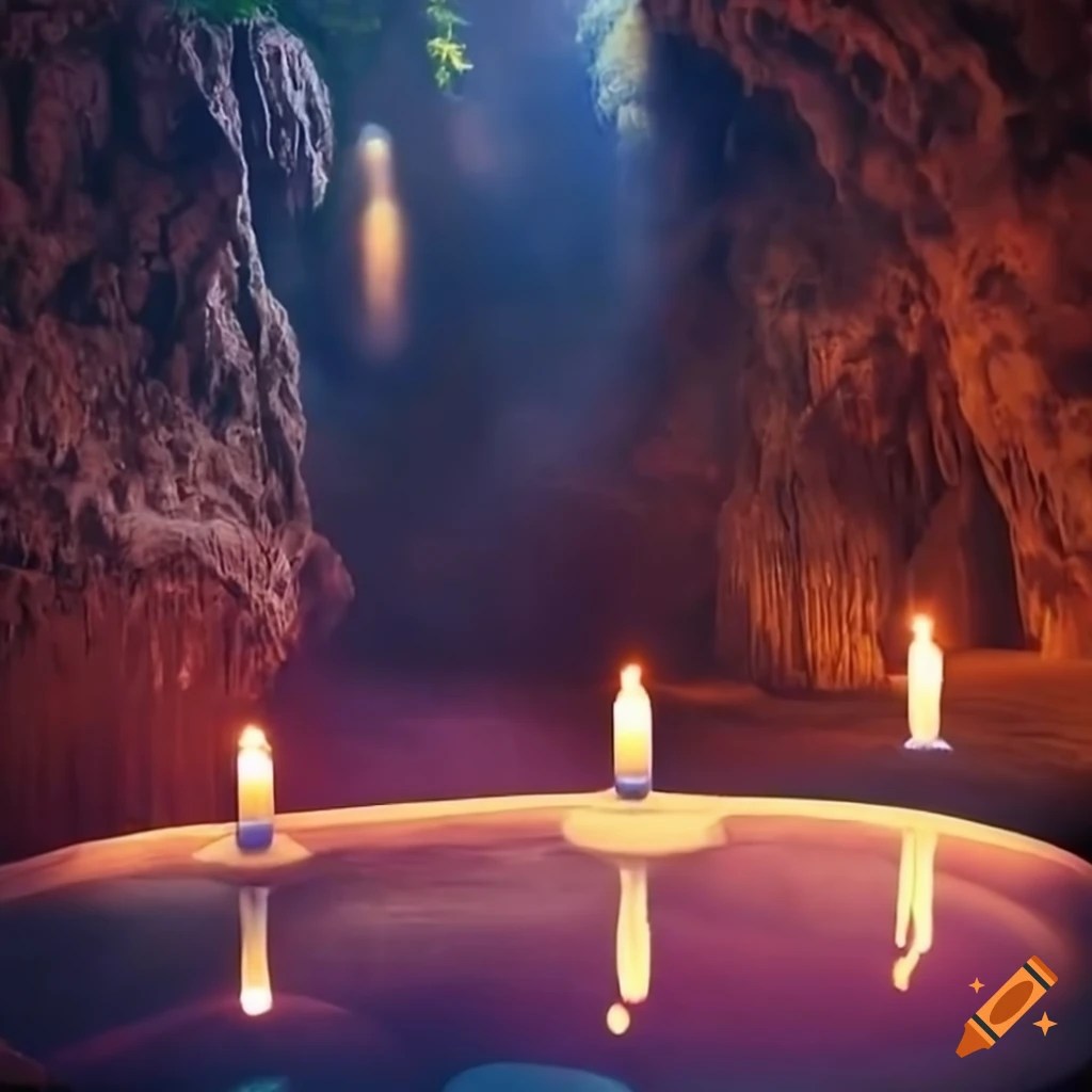 Romantic hot spring in a cave at night on Craiyon