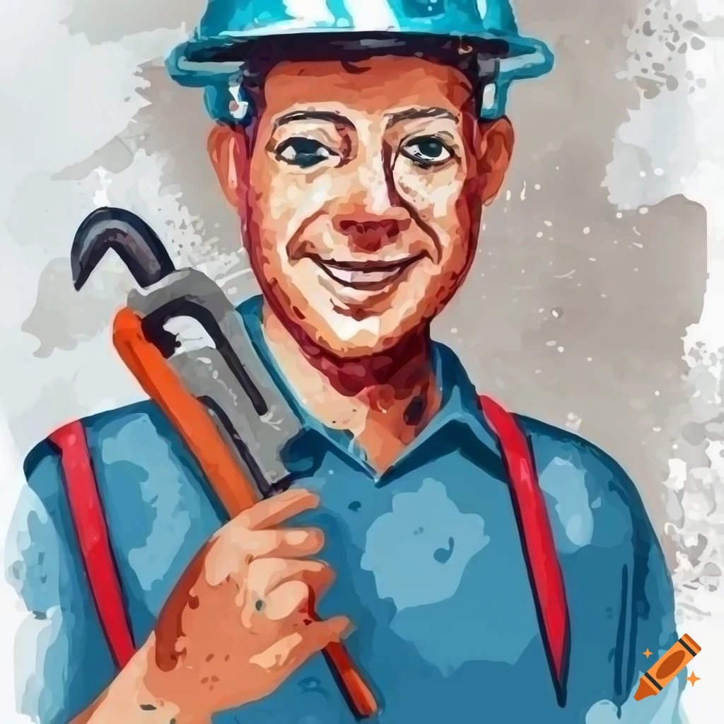 Illustration of a smiling man with hard hat and pipe wrench on Craiyon