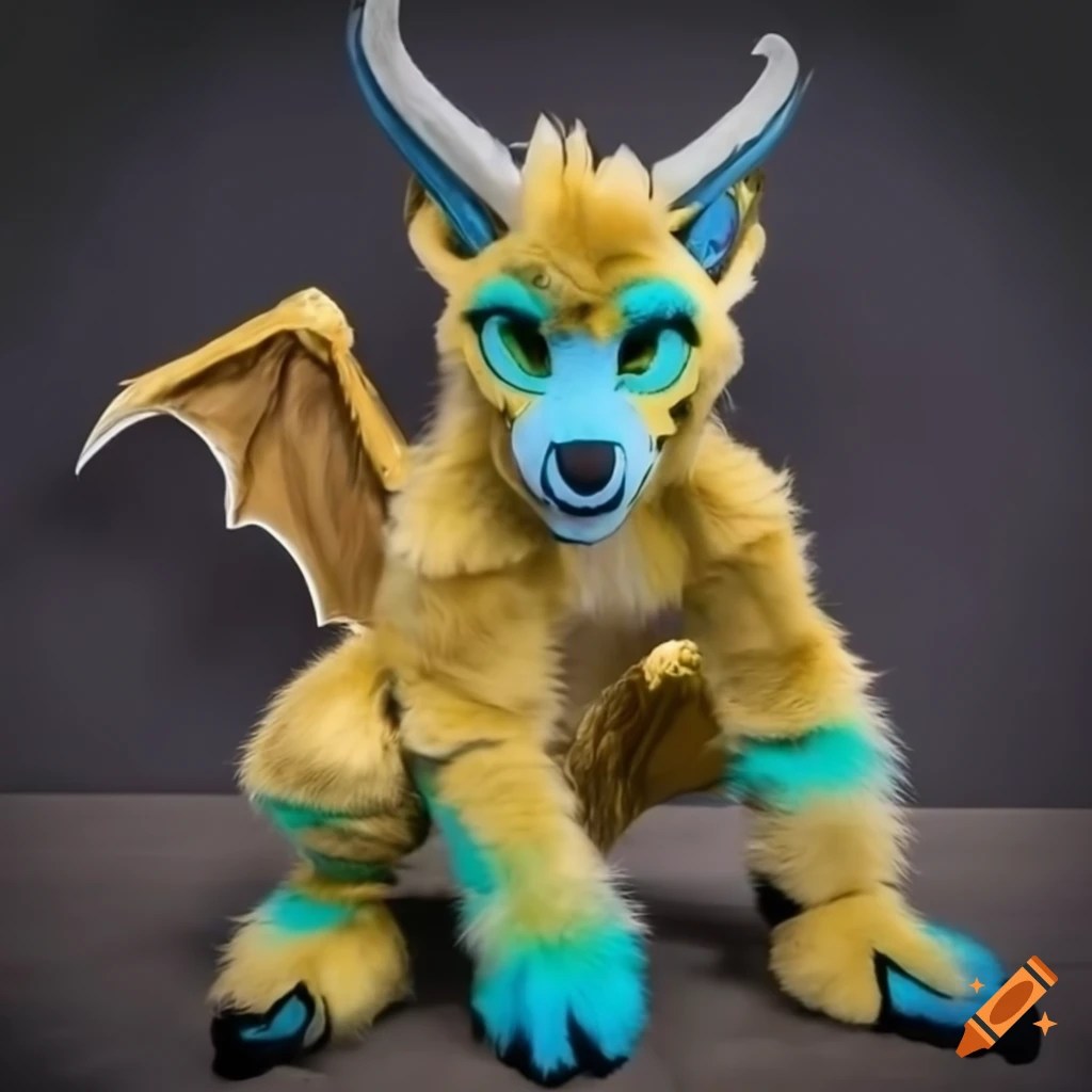 Goldcolored fursuit dragon with cyan wings