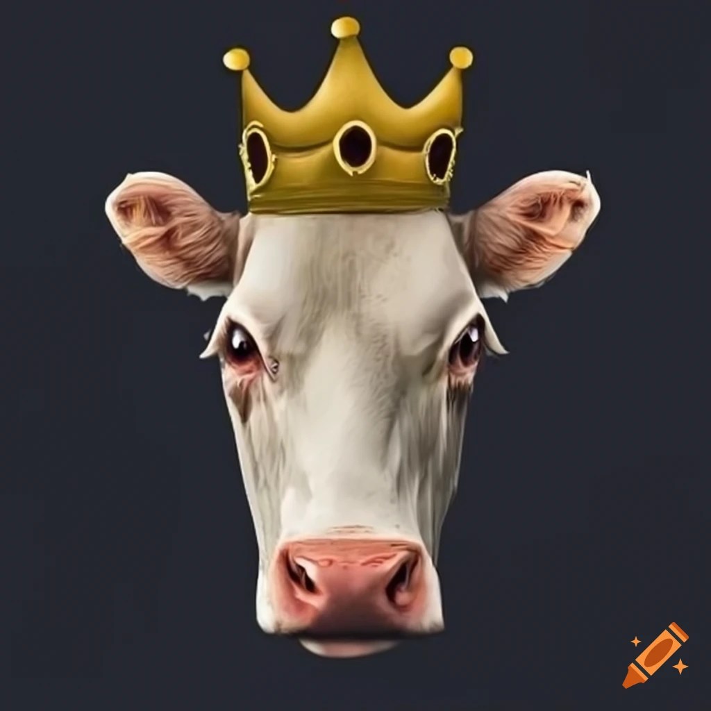Creative artwork of a cow with a crown and human body on Craiyon