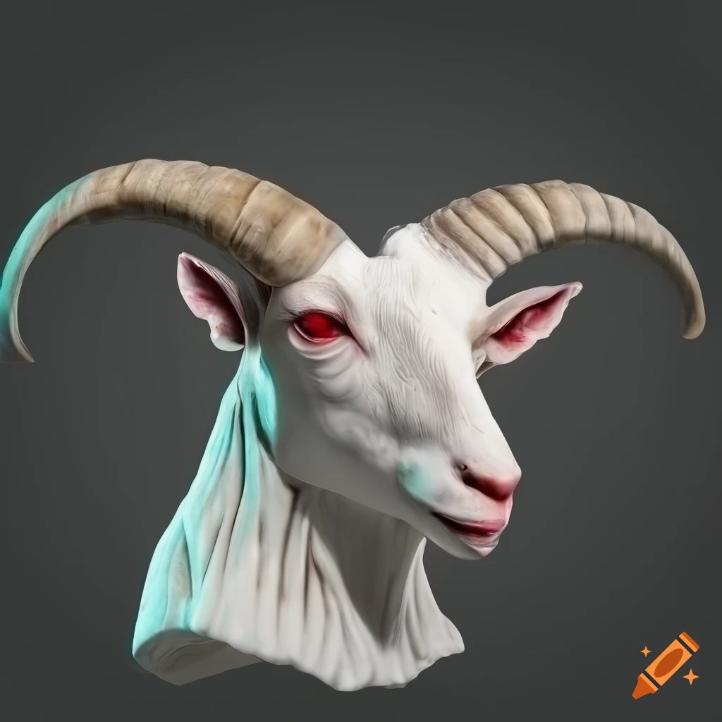 Photorealistic marble bust of a goat with elongated horns and red eyes