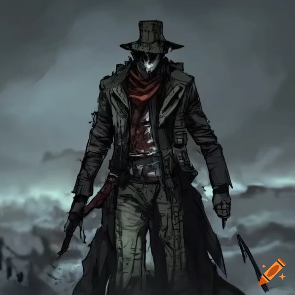 Illustration of a gunslinger in a postapocalyptic wasteland on Craiyon