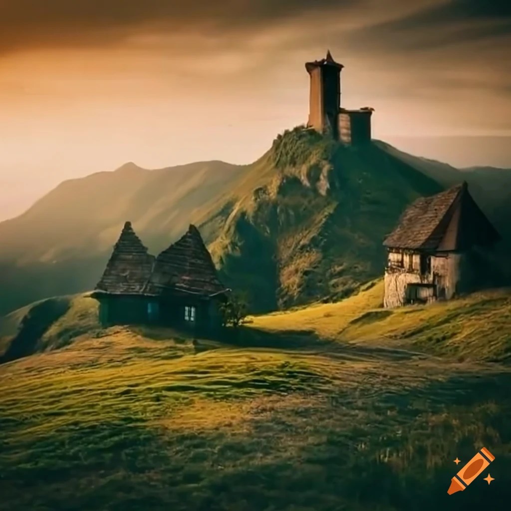 Medieval hamlet in the mountains with cultivated land on Craiyon