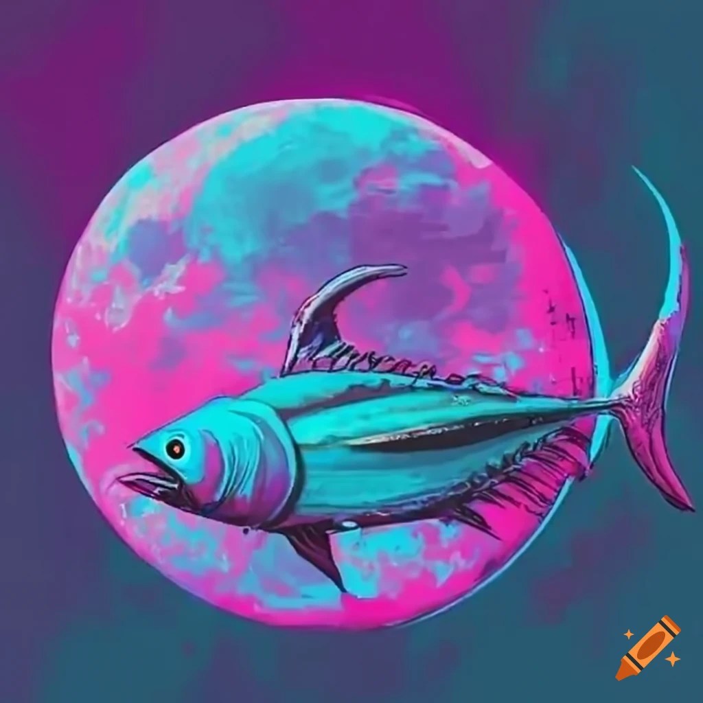 Vaporwaveinspired art of a tuna in front of the moon