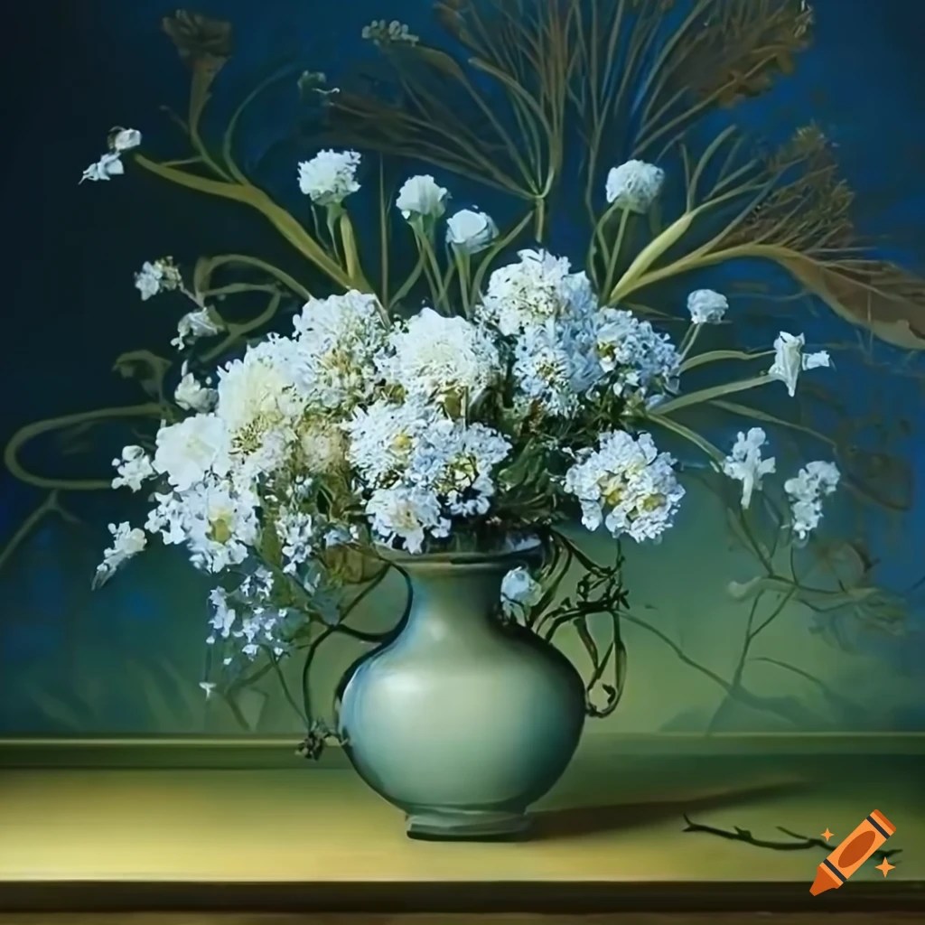 Art nouveau style painting of gypsophila and carnations in a vase on