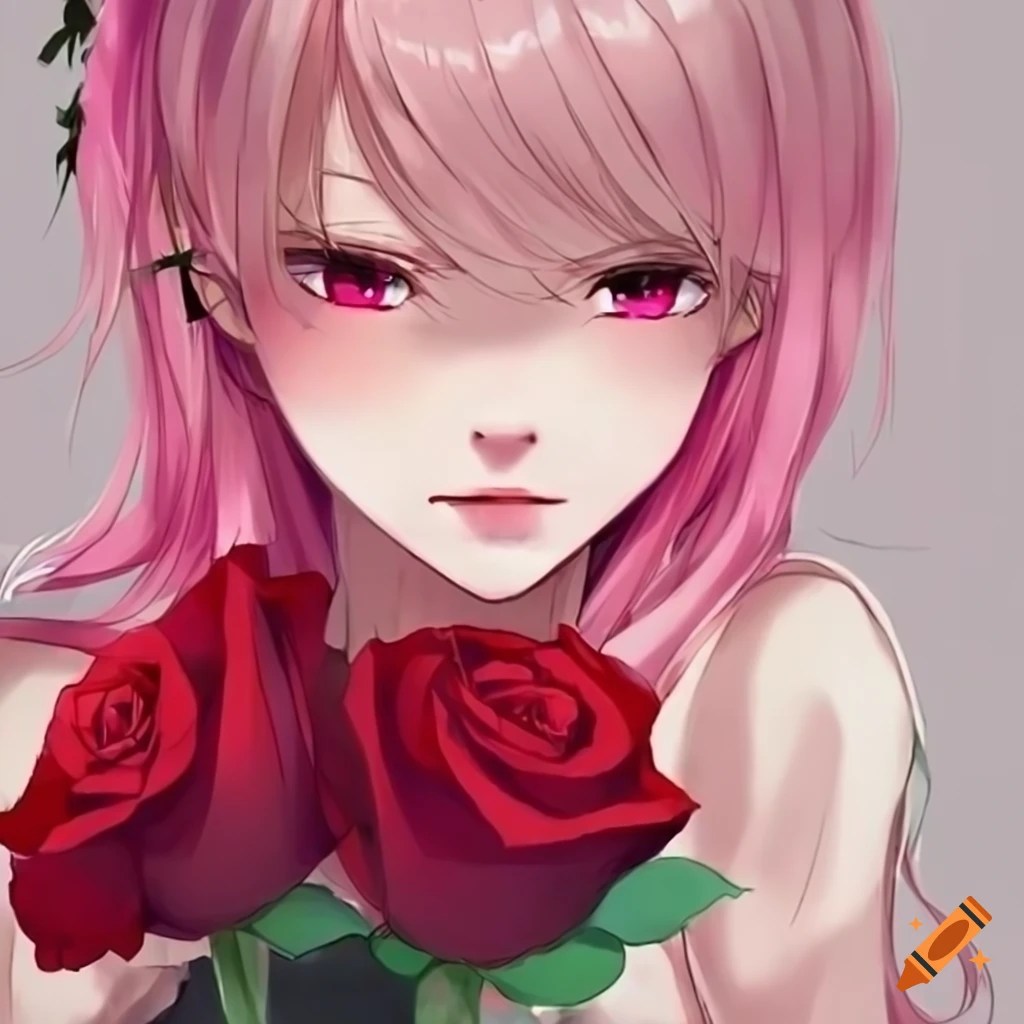 Anime girl with pink hair and red roses on Craiyon