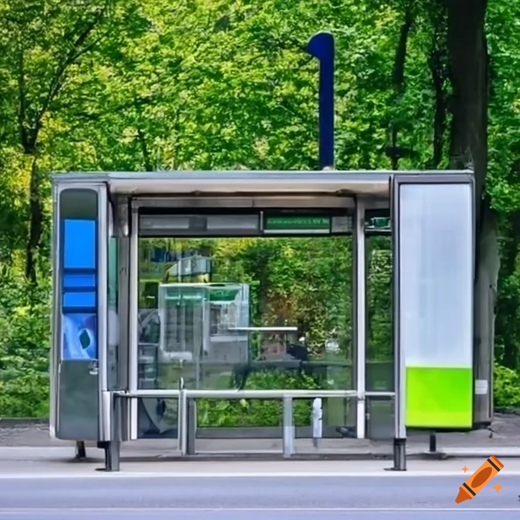 Modern bus stop with interactive passenger information on Craiyon