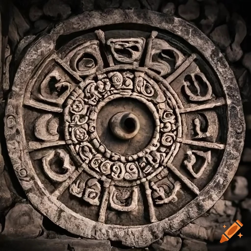 Mayan style stone wheels with intricate hieroglyphs on Craiyon