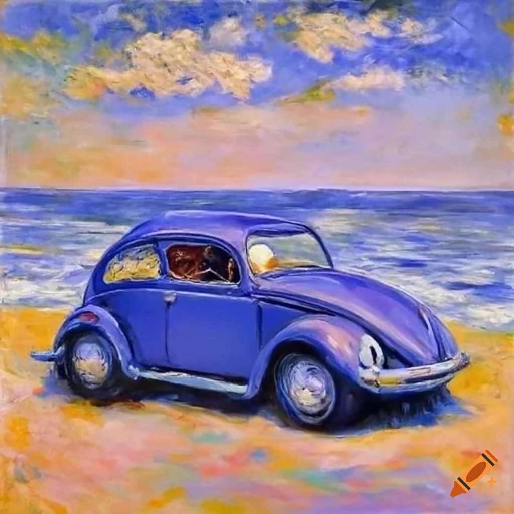Impressionist painting of a vw bug on the beach on Craiyon