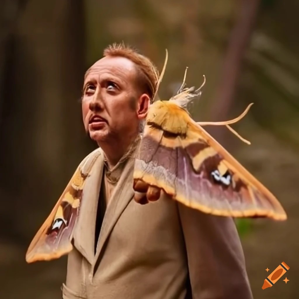 Nic cage holding a giant moth on Craiyon