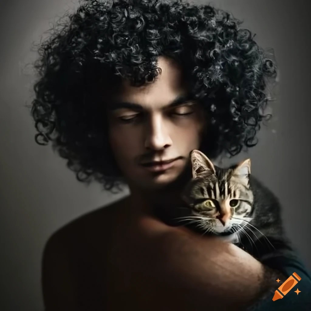 Man with curly hair holding cats on Craiyon
