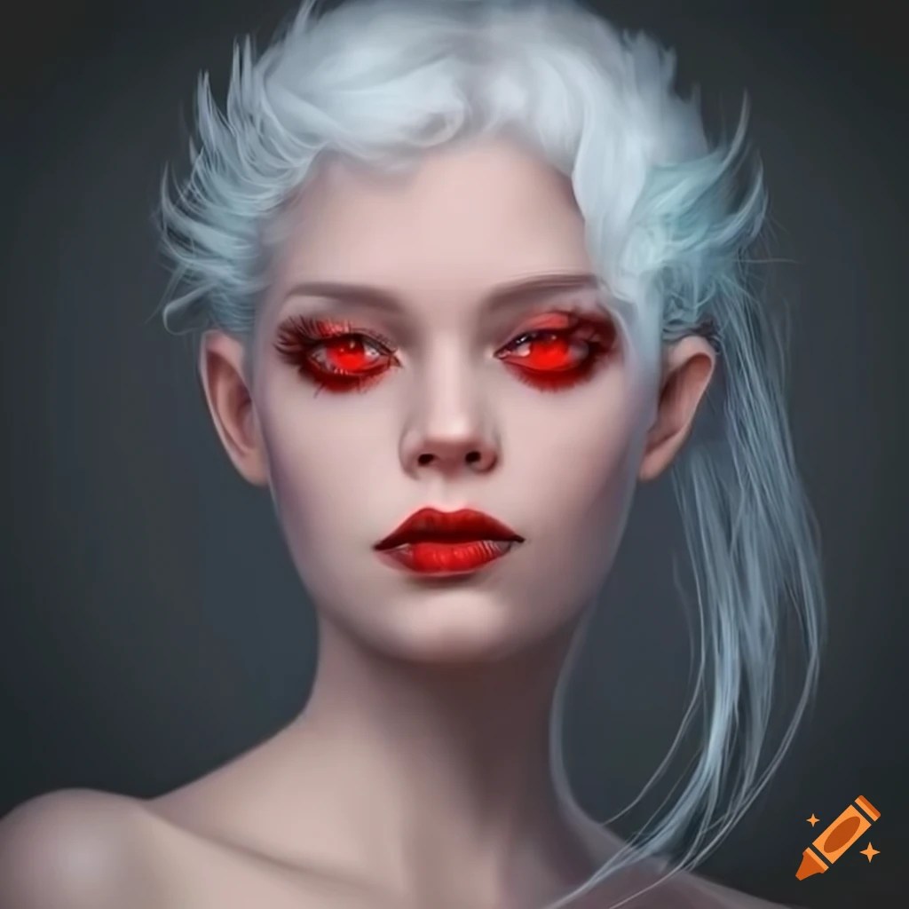 Portrait of a woman with red eyes and white hair on Craiyon