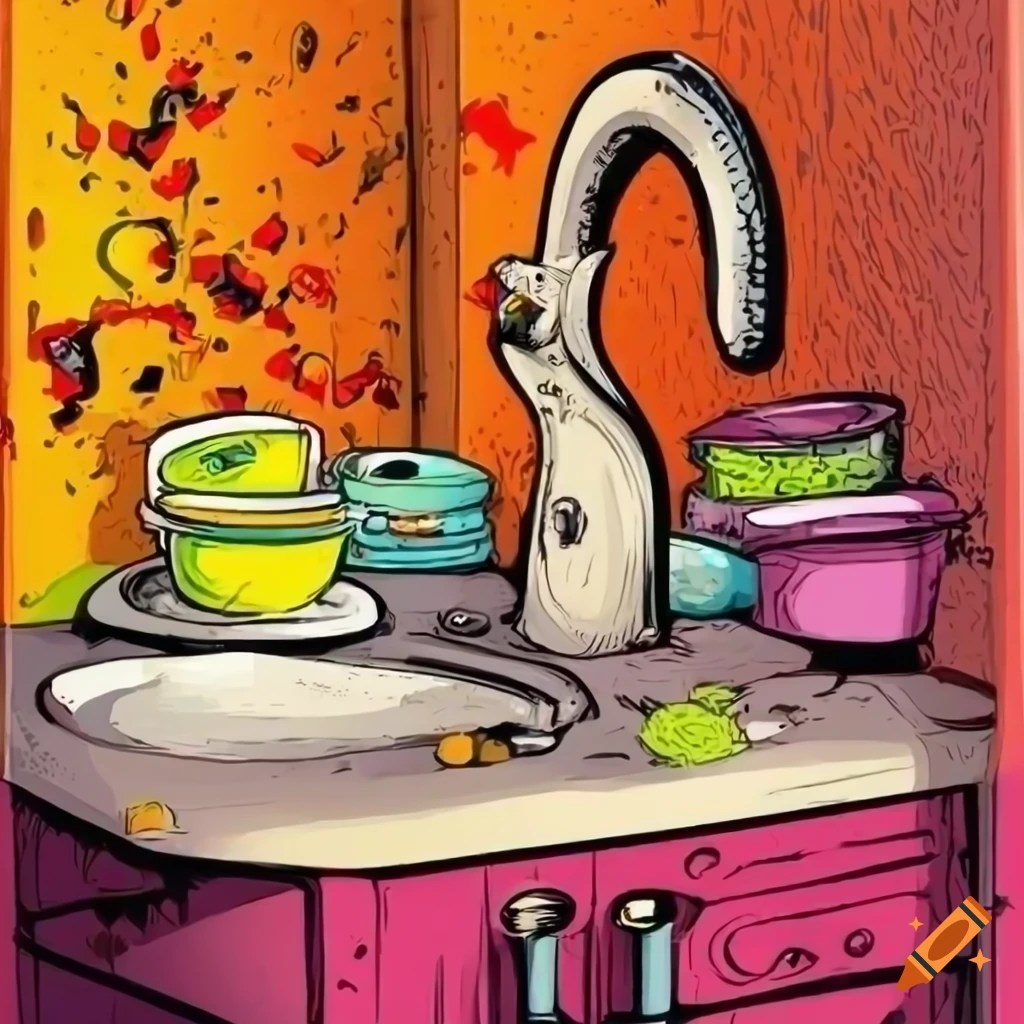 Comic book illustration of a messy kitchen sink with dirty dishes on