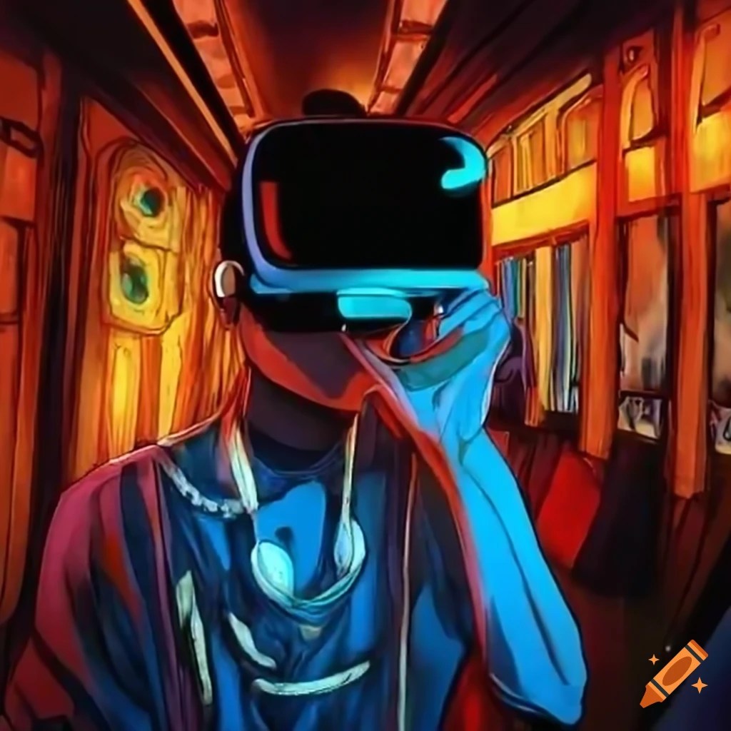 Hiphop artist wearing vr glasses on a train on Craiyon