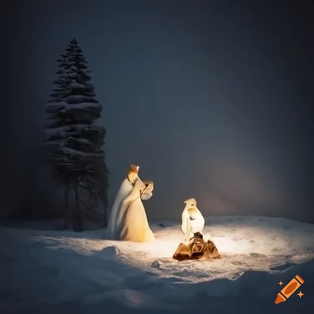 Snowcovered nativity scene on Craiyon