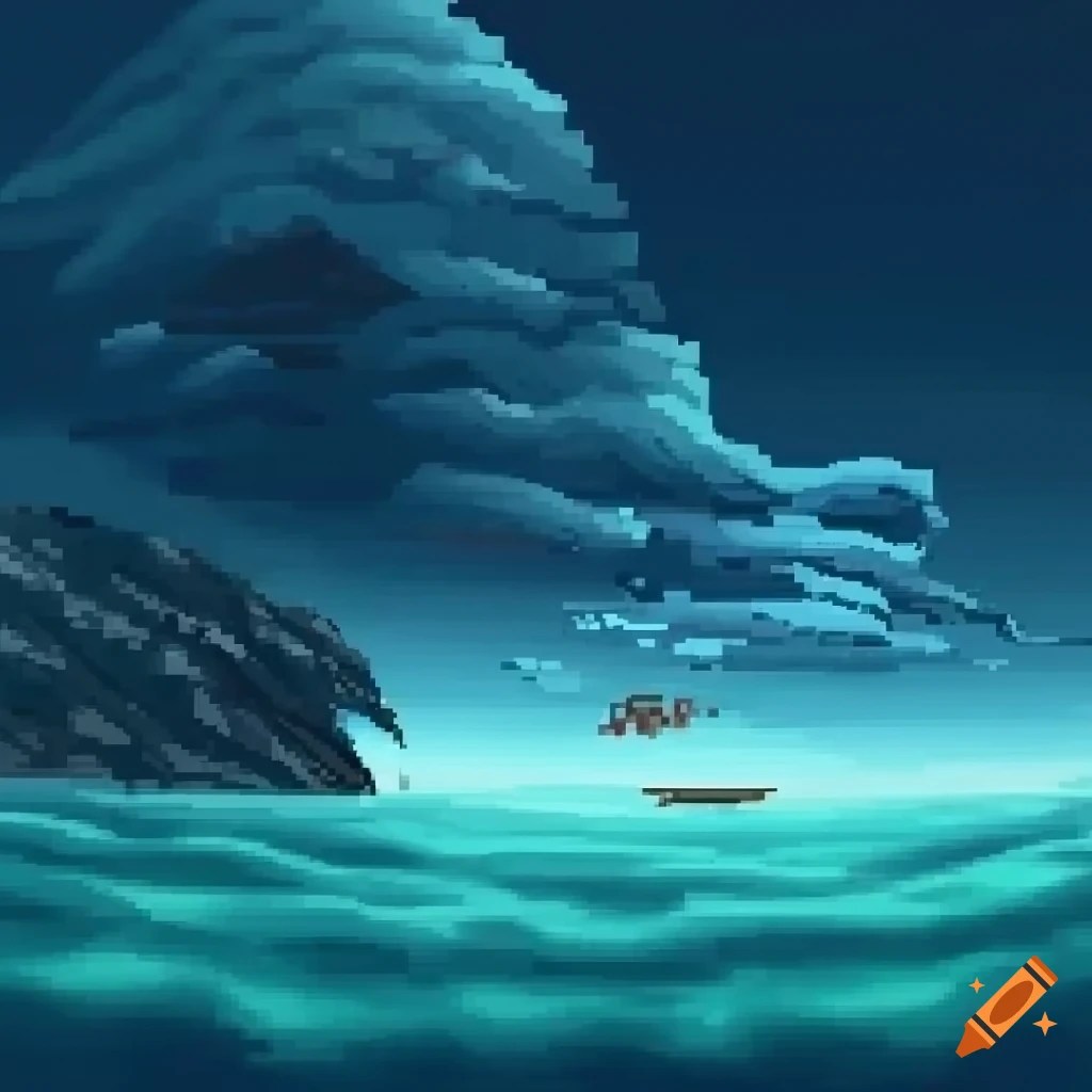 Epic pixel art of a half underwater, half sunset scene on Craiyon