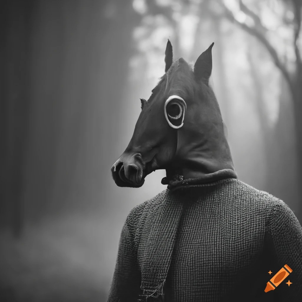 Black and white photo of a man wearing a horse mask in the forest on Craiyon