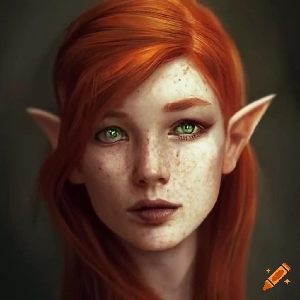 Portrait of a female elf with red hair and green eyes on Craiyon