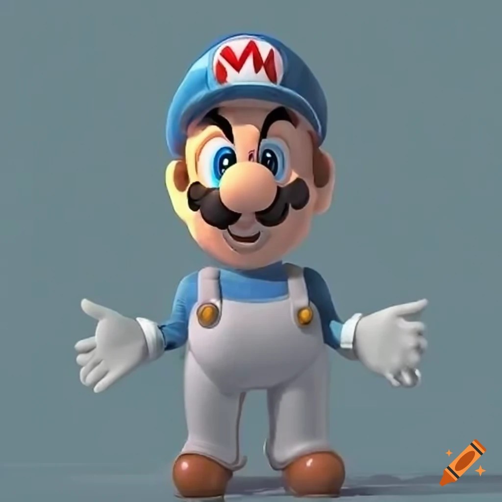 Cosplay of Mario with white overalls and a blue shirt on Craiyon