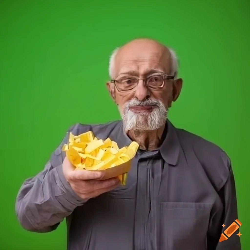 Portrait of an old man holding a bag of chips on Craiyon
